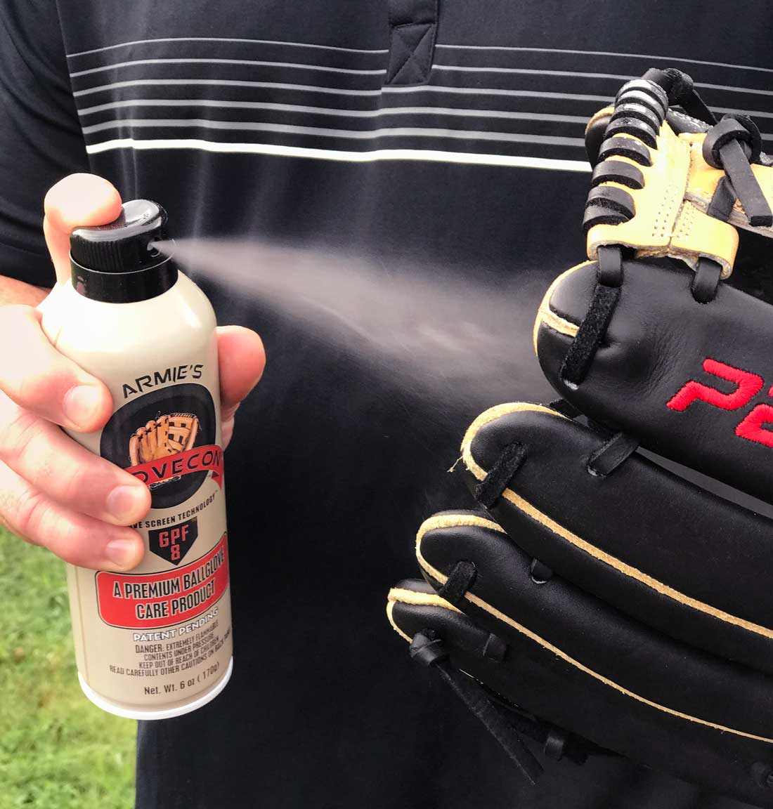 Aerosol spray can of GloveCon baseball and softball glove conditioner. Action shot shows spray applied to baseball glove for a quick, easy clean and condition.